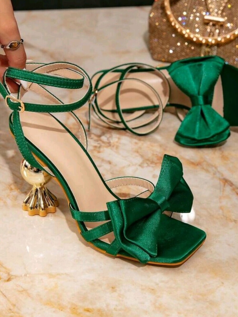 Emerald Green Satin Bow Ankle-Strap Heels with Sculpted Gold Heel